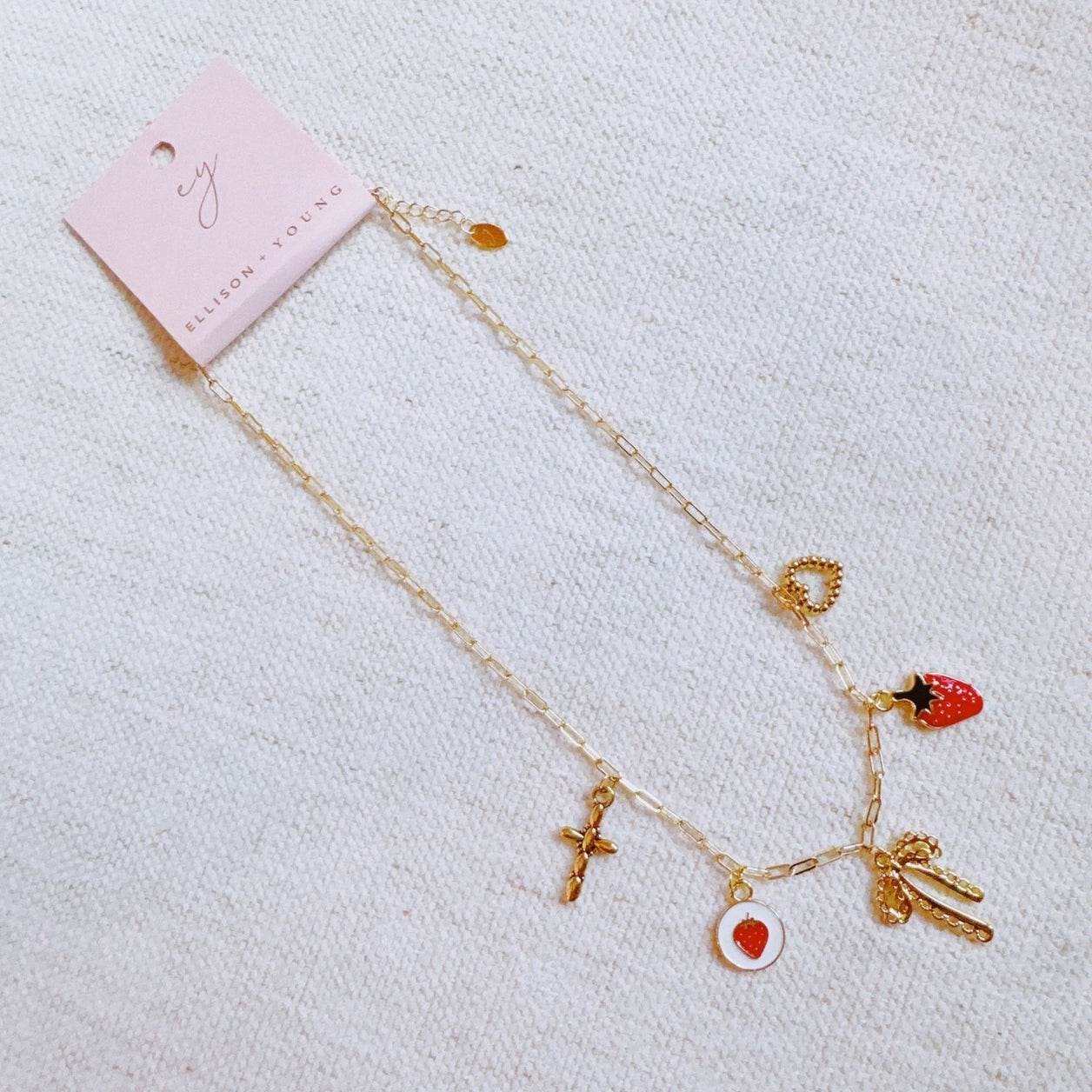 Berry Cute Charm Necklace – Strawberry, Bow & Heart